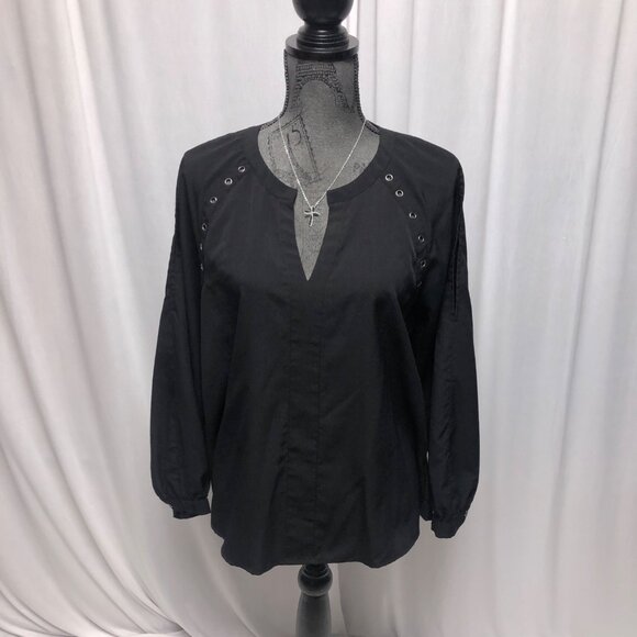 Collective Concepts Top Womens Size Medium Black Grommets Cold Shoulder Peasant - Picture 1 of 7